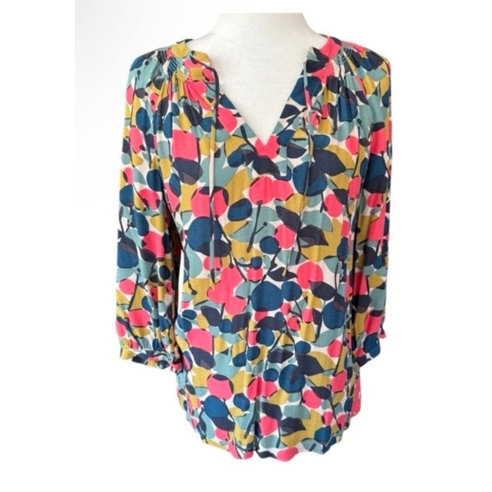 Boden Womens Abstract Fruit Print Smocked V-Neck Blouse‎ Multi-Color US 16